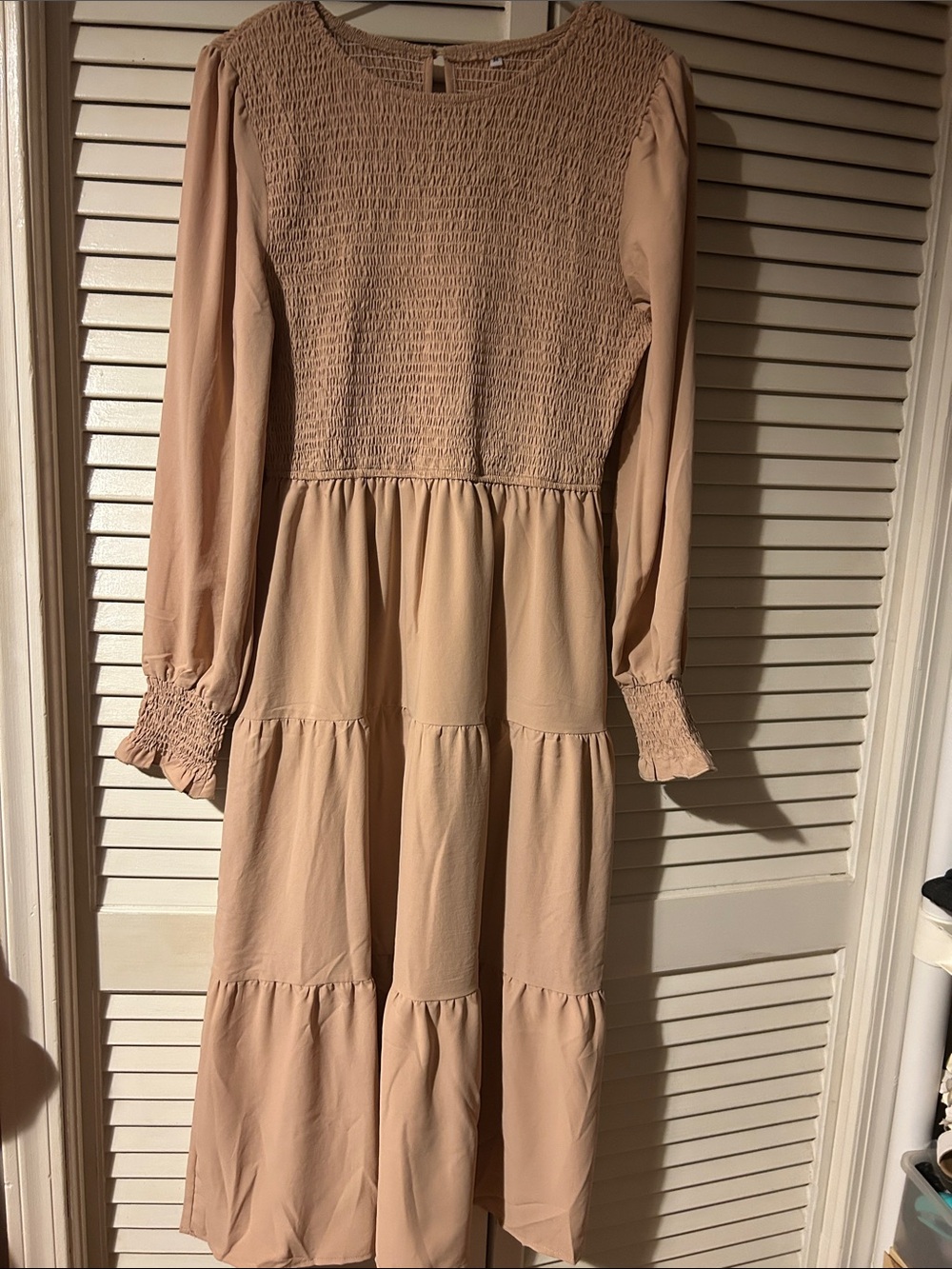 Long Sleeve Smocked Waist Cream Midi Dress medium
